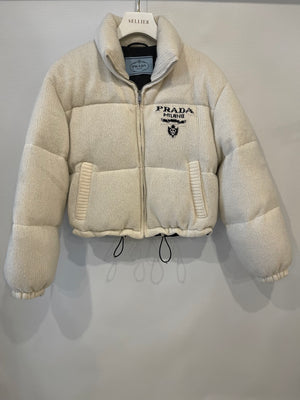 Prada Cream Wool and Cashmere Puffer Jacket with Logo Detail Size IT 38 (UK 6) RRP £2,225