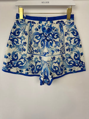 Dolce & Gabbana Blue Majolica Print High-Waist Shorts Size IT 40 (UK 8)