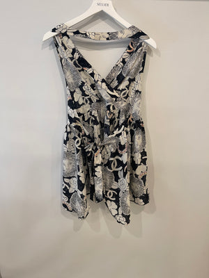 Chanel Black and White Abstract Printed Open-Back Silk Top and Shorts Set with CC Logo Details Size FR 36 (UK 8)