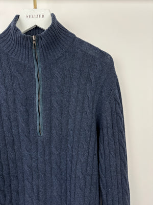 Loro Piana Menswear Navy Cable Knit Long Sleeve Jumper with Suede Quarter Zip Detail IT 48 (UK 38) RRP £1,700