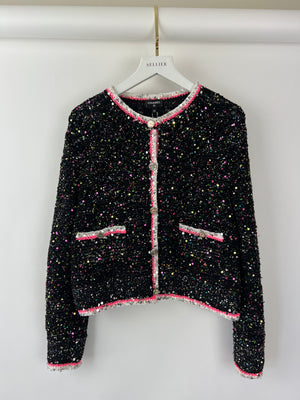 *SUPER HOT* Chanel 24 Black & Multicolour Sequin Cardigan with Pink & White Threads and CC Iridescent Logo Buttons Detail Size FR 36 (UK 8) RRP £5400