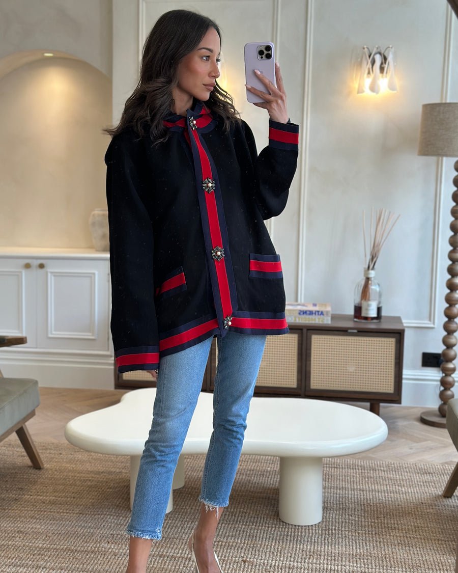 Gucci Navy Long Sleeve Jacket with Jewelled Buttons and "LOVE" Detachable Hood Detail Size IT 48 (UK 16)