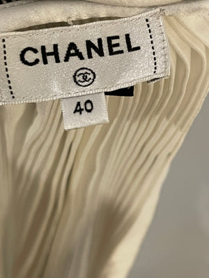 Chanel White Silk Striped Ruffle One Shoulder Top with Crystal CC Logo Detail Size FR 40 (UK 12)