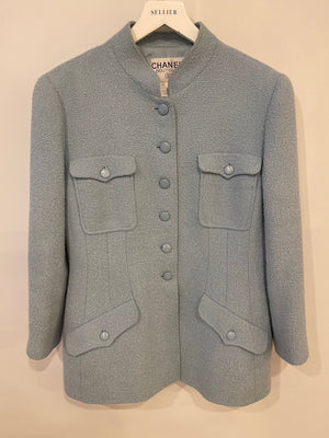 Chanel 96C Baby Blue Long Tweed Jacket with CC Button Details Size FR 44 (UK 16)