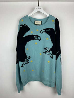 Gucci Blue Intarsia Eagle Star "LOVED" Long Sleeve Jumper Size L (EU 50)