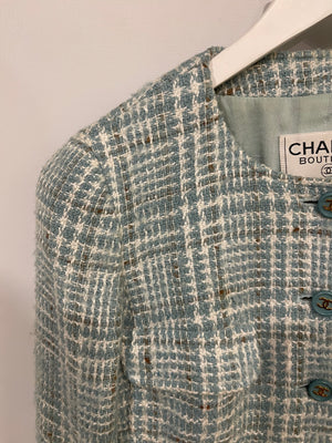 Chanel 1997 Vintage Baby Blue, Brown and White Tweed Jacket with CC Button Details Size FR 34 (UK 6)