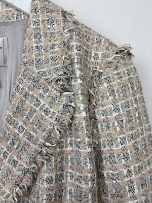 Chanel Beige Checked Tweed Jacket with Frayed Trim Edges and Daisy CC Logo Button Details Size FR 44 (UK 16)