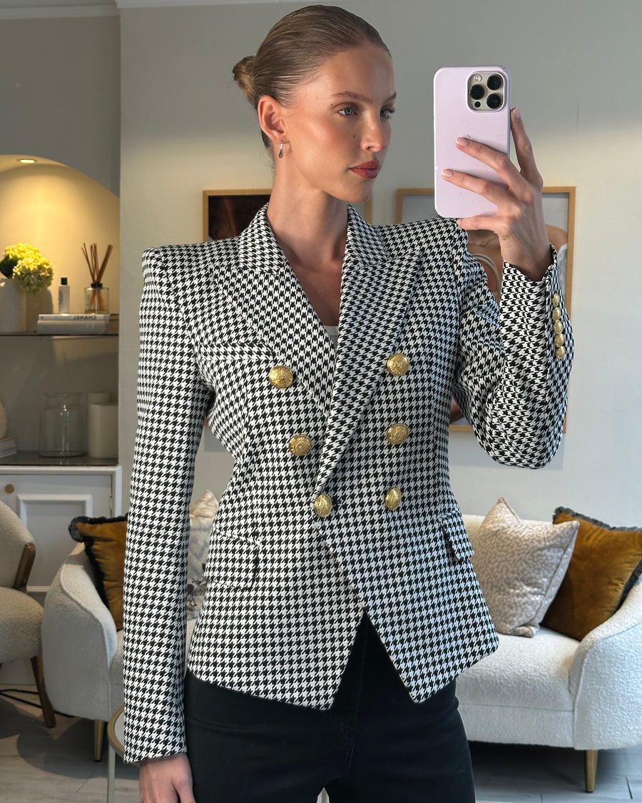 Balmain Black and White Houndstooth Blazer Jacket with Gold Button Details Size FR 38 (UK 8)