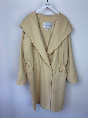 Max Mara Pale Yellow Hooded Wool Coat With Drawstring Waist Detail Size IT 42 (UK 10)