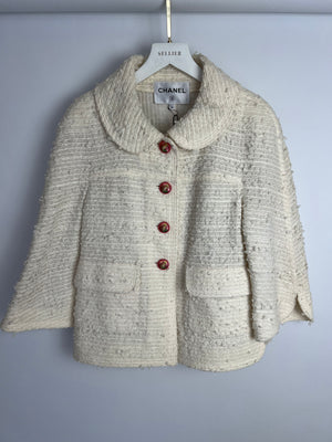 Chanel 17P Cream Tweed Round Neck Collar Jacket with Pink Buttons and Pocket Detail Size FR 38 (UK 10)