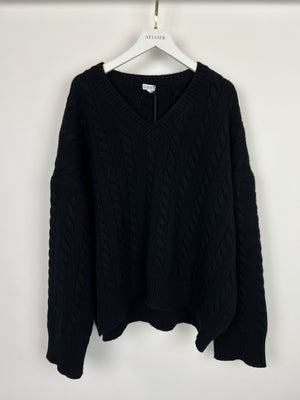 Loewe Black V-Neck Anagram Oversized Cable Knit Jumper Size S (UK 8)