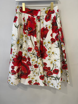 Dolce & Gabbana White and Red Poppy Printed Midi Skirt Size IT 42 (UK 10)