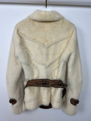 Ermanno Scervino Cream Mink Jacket with Brown Belt Details Size IT 40 (UK 8)