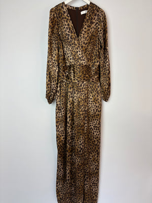 Jonathan Simkhai Leopard Print Satin Jumpsuit With V-Neck and Ruched Waistline Size US 4 (UK 8)