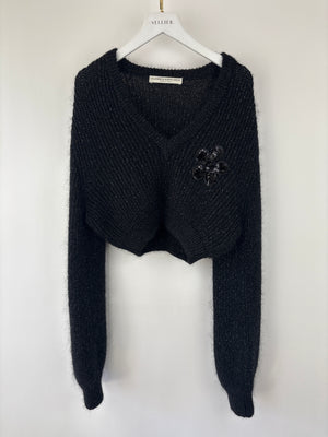 Alessandra Rich Black Mohair Long-Sleeve Cropped Jumper with Embellished Flower Detail IT 40 (UK 8)