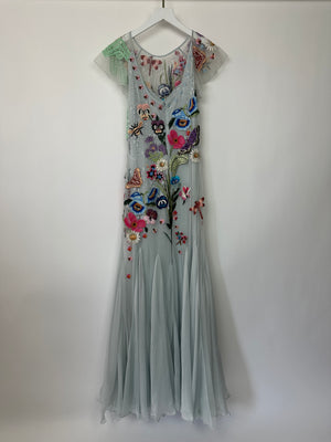 Temperley London Aura Light Blue Embroidered Lace Tulle & Georgette Gown Dress UK 10