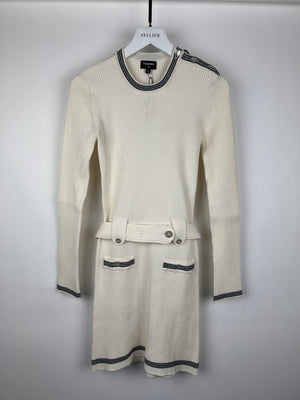 Chanel 22C Cream Knit Long Sleeve Mini Dress with Black Detail and Pearl Logo Buttons Size FR 34 (UK 6) RRP £2450