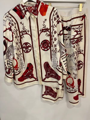 Hermès White and Burgundy Silk Blouse and Matching Elastic Waist Trousers Set with Printed Details Size FR 38/40 (UK 10/12)