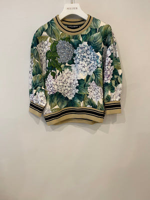 Dolce & Gabbana Green and White Floral Jumper with Gold Collar Detail Size IT 40 (UK 8)