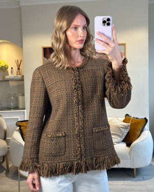 Chanel Brown, Black Checked Tweed Jacket with Frilled Hem and Cuff Details Size FR 46 (UK 18)