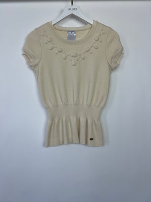 Chanel 07A Cream Peplem Wool Knit Top with Neckline Detail Size FR 38 (UK 10)