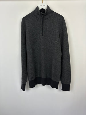 Loro Piana Menswear Black, Grey Diagonal Striped Long Sleeve Jumper with Quarter Zip Detail IT 48 (UK 38)