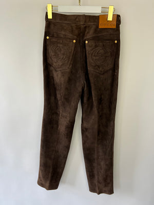 Gucci Chocolate Brown Suede Trousers with GG Print Logo Pocket Detail Size IT 42 (UK 10)