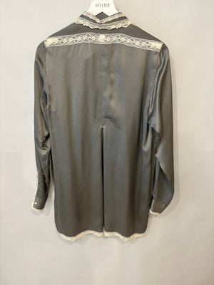 Ermanno Scervino Grey Silk Lingerie Long-Sleeve Shirt with Lace Details Size IT 42 (UK 10)