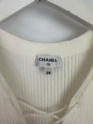 Chanel 25C White Cotton Blend Short Sleeve Jumper with Corset Neck Detail and Embroidered Logo Size FR 38 (UK 10) RRP £2395