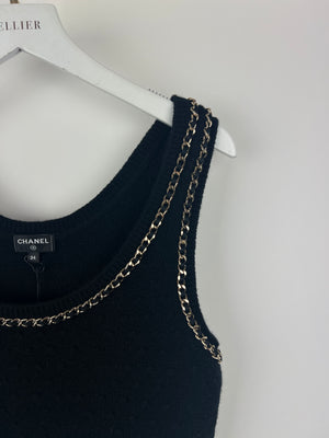 Chanel 23B Black Cashmere Knit Tank Top with Gold Chain and Logo Detail Size FR 34 (UK 6) RRP £2150