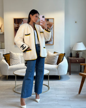 *SUPER RARE* Chanel 94A White Alpaca Varsity Jacket with Black & Yellow Trim and CC Logo Detail Size FR 40 (UK 12)