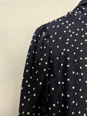 Magda Butrym Navy and White Long Sleeve Polka Dot Silk Blouse with High Neck and Back Tie Size FR 34 (UK 6)