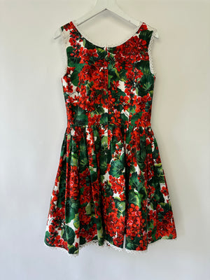 Dolce & Gabbana Red Floral Mini Dress with Crochet Trim Detail IT 38 (UK 6)