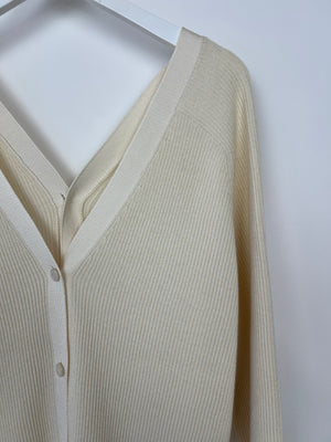 Hermès Cream Rib Knit Long Sleeve V-Neck Cardigan with Front and Back Buttons Size FR 40 (UK 12)