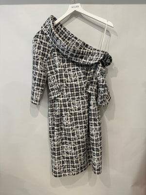 Chanel Black and White Tweed Off-Shoulder Mini Dress with Camélia Flower and Crystal Details Size FR 40 (UK 12)