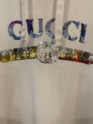 Gucci Cream Hoodie With Embroidered 'GUCCI' in Rainbow Colour Detail Size XS (UK 6)