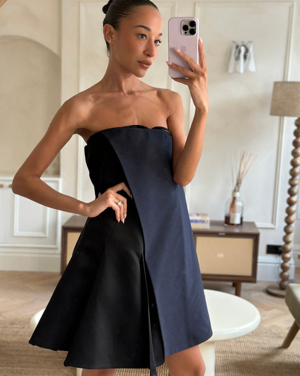 Christian Dior Vintage Black and Navy Silk Pannelled Strapless Midi Dress Size FR 38 (UK 10)