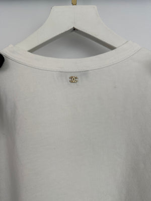 *HOT* Chanel 22C Black Sleeveless Knitted Top with Crystal CC Logo Straps and White Cotton Short Sleeve T-Shirt with Small Crystal Logo Detail Size FR S (UK 8) RRP £3160