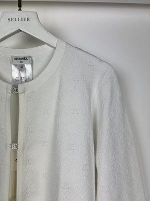 Chanel 24P White Fine Knit CC Long Sleeve Cardigan with Silver CC Crystal Clasps Size FR 40 (UK 12)