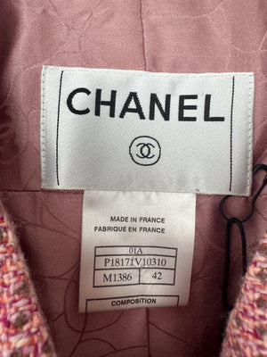 Chanel 01/A Pink Round Neck Tweed Button Down Jacket  with CC Logo Detail Size FR 42 (UK 14)