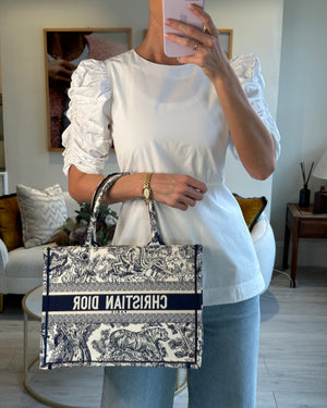 Christian Dior Medium Book Tote in Blue & Ecru Toile De Jouy Sauvage Embroidery RRP £2500