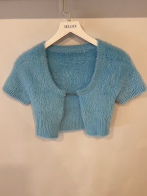 Jacquemus Blue La Maille Neve Cropped Brushed Cardigan with Gold Logo Size FR 38 (UK 10)