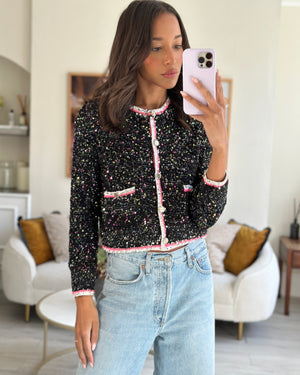 *SUPER HOT* Chanel 24 Black & Multicolour Sequin Cardigan with Pink & White Threads and CC Iridescent Logo Buttons Detail Size FR 36 (UK 8) RRP £5400