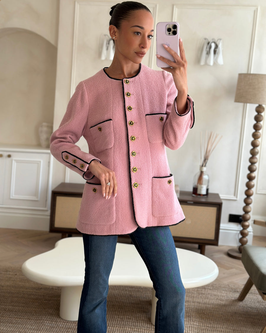 Chanel 94C Pink Tweed Jacket with Black Trim and Gold CC Logo Button Details, Size FR 42 (UK 14)