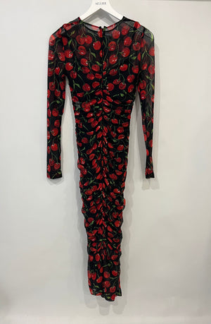 Dolce & Gabbana Black and Red Long Sleeve Ruched Dress with Cherries Print Details Size IT 40 (UK 8)