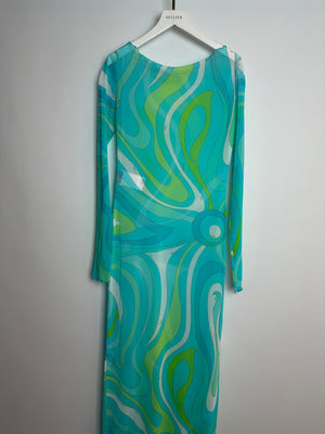 Emilio Pucci Blue, Green and White Mesh Long Sleeve Maxi Dress IT 44 (UK 12)