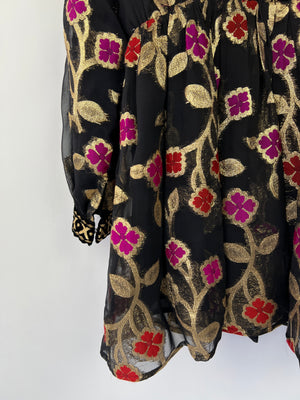 Dodo Bar Or Black & Gold Long Sleeve Mini Dress with Red & Fuchsia Flower Details IT 42 (UK 10)