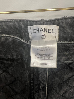 Chanel Dark Grey Diamond Quilted Skinny Jeans with CC Button Detail Size FR 42 (UK 14)