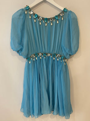 Dolce & Gabbana Light Blue Silk Mini Dress with Crystal and Pearl Pendants Size IT 42 (UK 10)