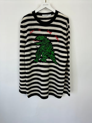 Christian Dior Black and White Striped Cashmere Jumper with Green Dragon Detail Size FR 36 (UK 8)RRP 2500£